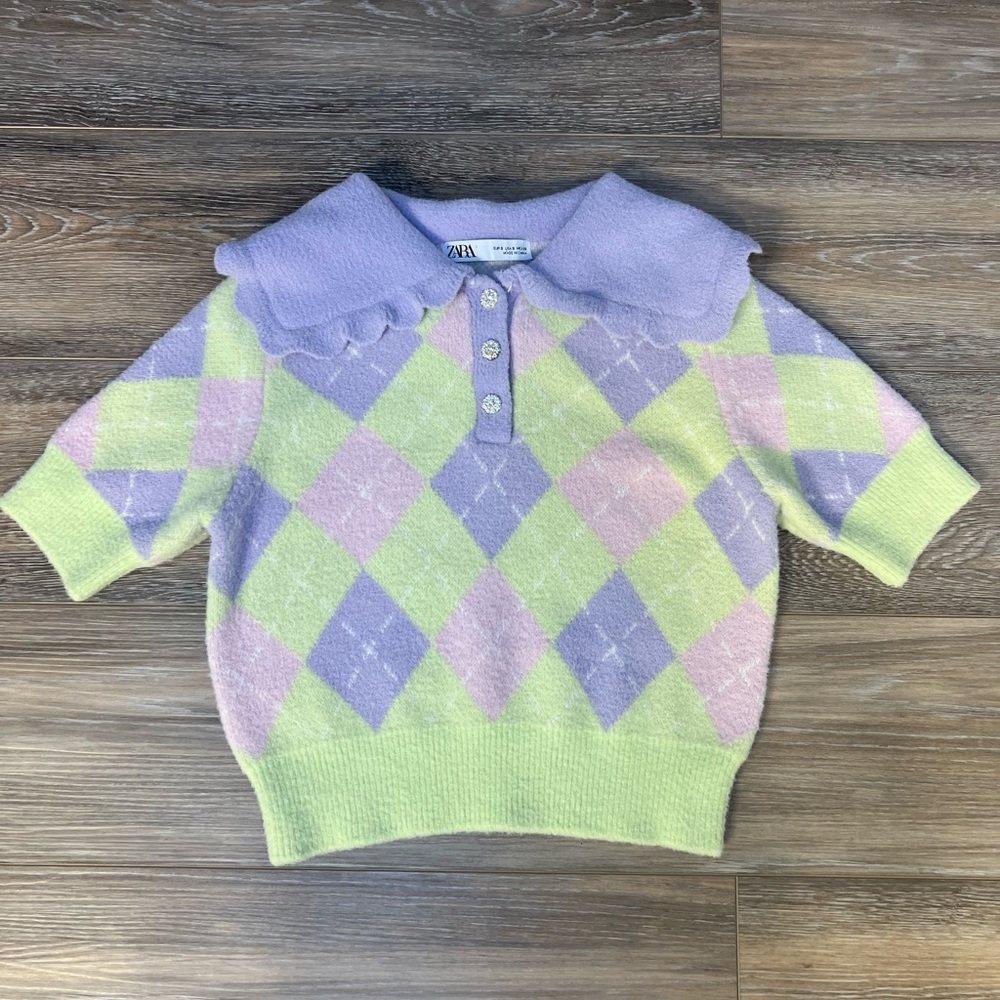 Zara Cropped Argyle Sweater with Crystal Buttons.